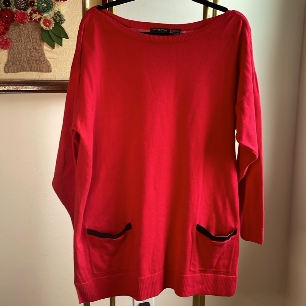 Jeanne Pierre Red Knit Tunic with Faux Leather Trim Pocket